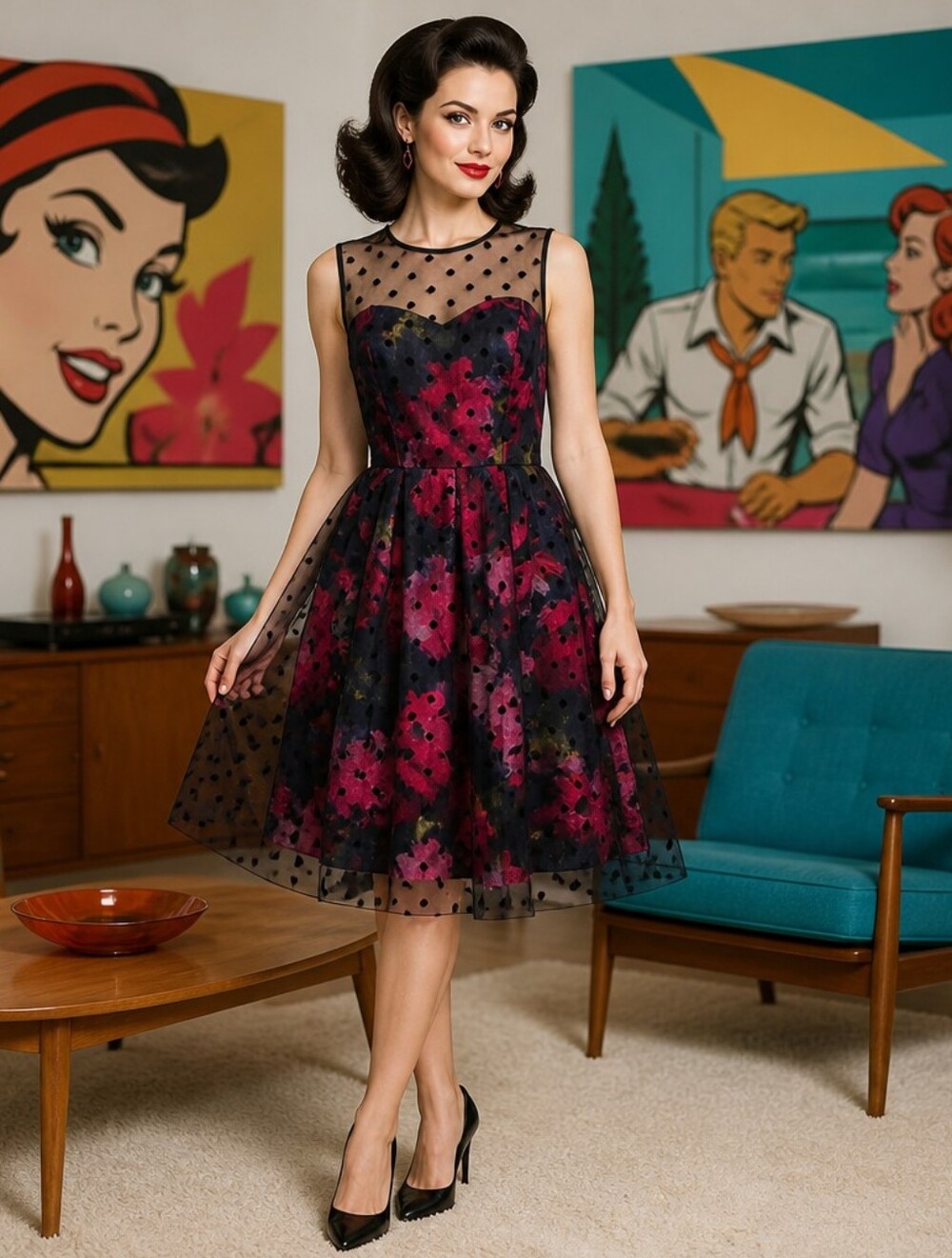 SD Collection Black Floral Polka-Dot Midi Dress